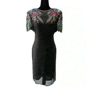 SCALA Sequin Beaded Cocktail Evening Dress Black Multi Colour Open  Back Medium